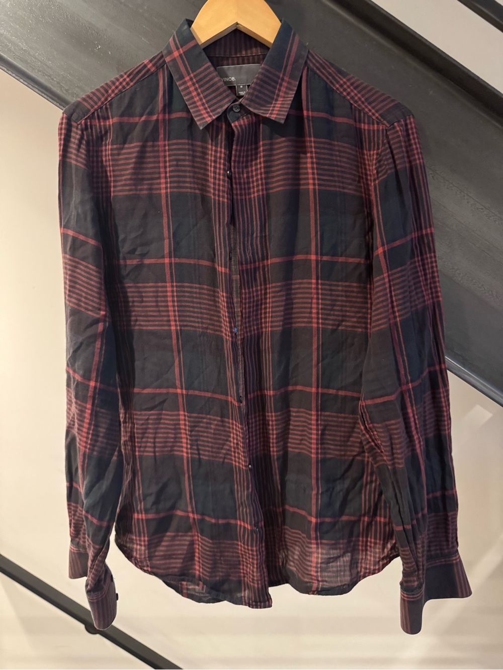 Vince Men's Black and Red Plaid Button-Down Shirt